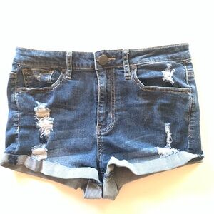 Denim Blue Festival shorts distressed, stretchy.